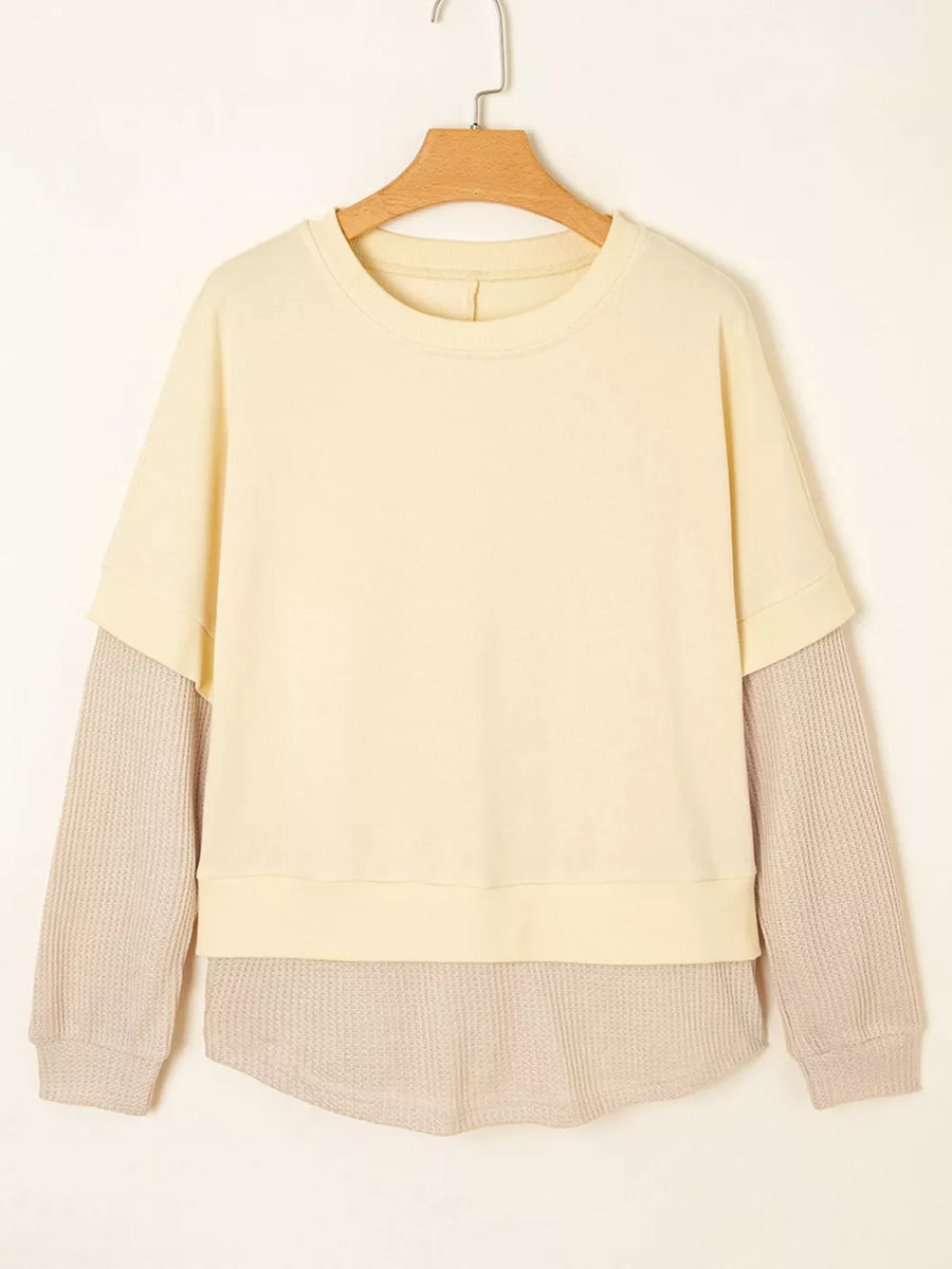 1 Faux Two Piece Patchwork Sweatshirt in Beige, 2 In 1 Faux Two Piece Patchwork Sweatshirt in 1 Faux Two Piece Patchwork