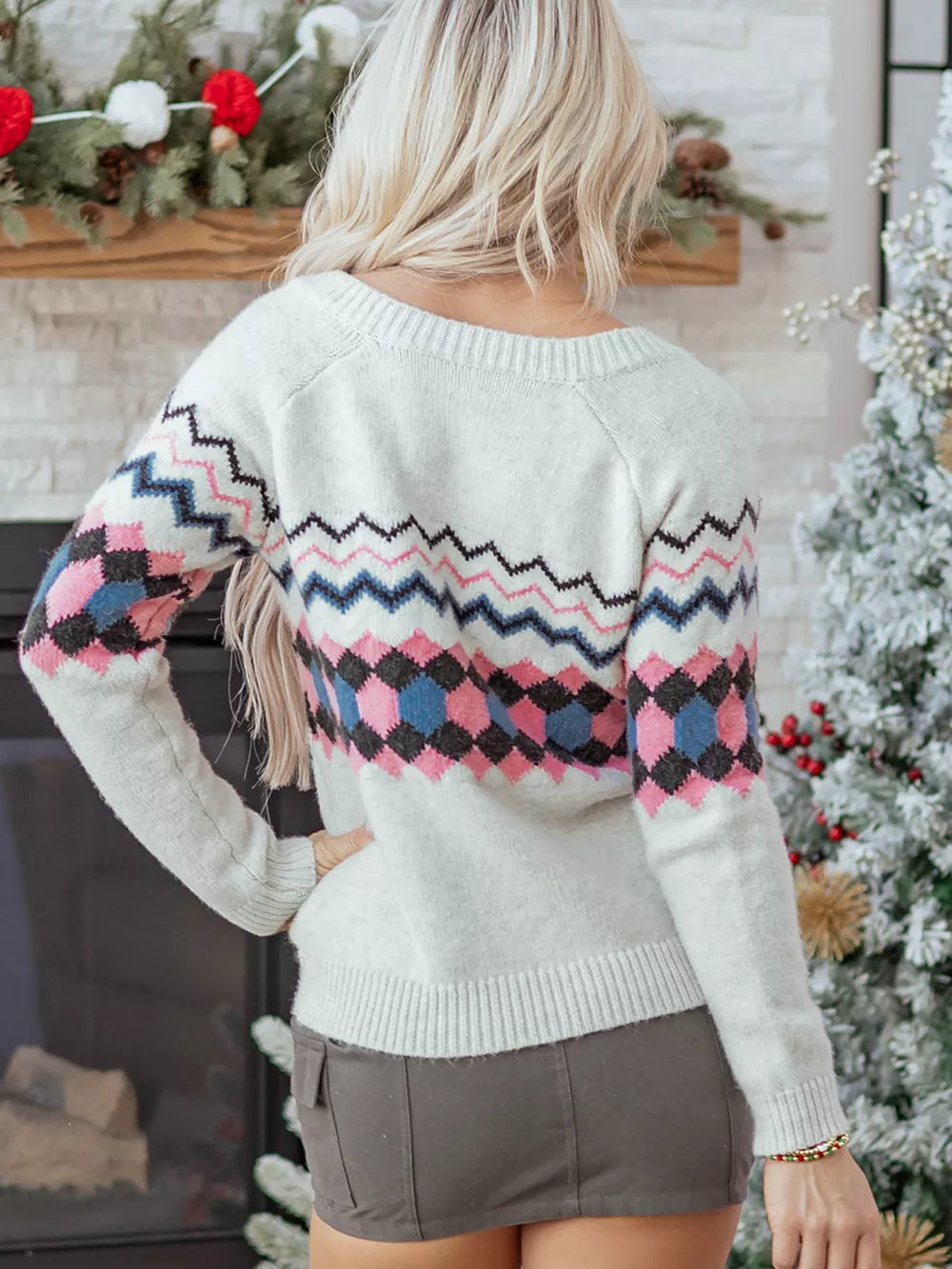 Stripe Geometric Button Up Sweater Cardigan in Light Gray