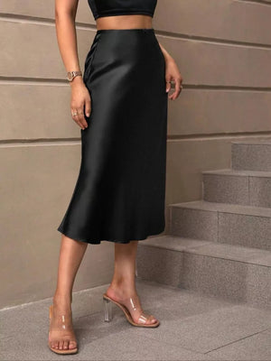 Black satin high-waisted midi skirt with a subtle sheen.