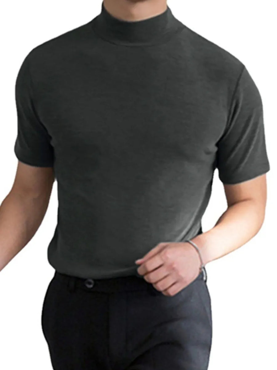 Dark gray short sleeve mock neck t-shirt on a man.