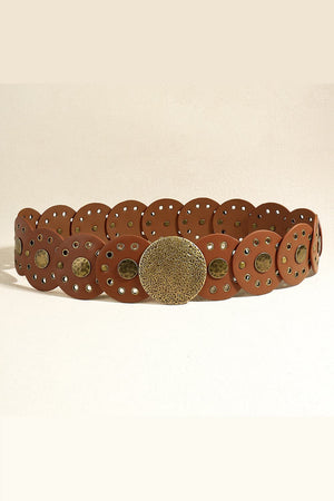 Brown faux leather belt with disc embellishments and brass-tone studs
