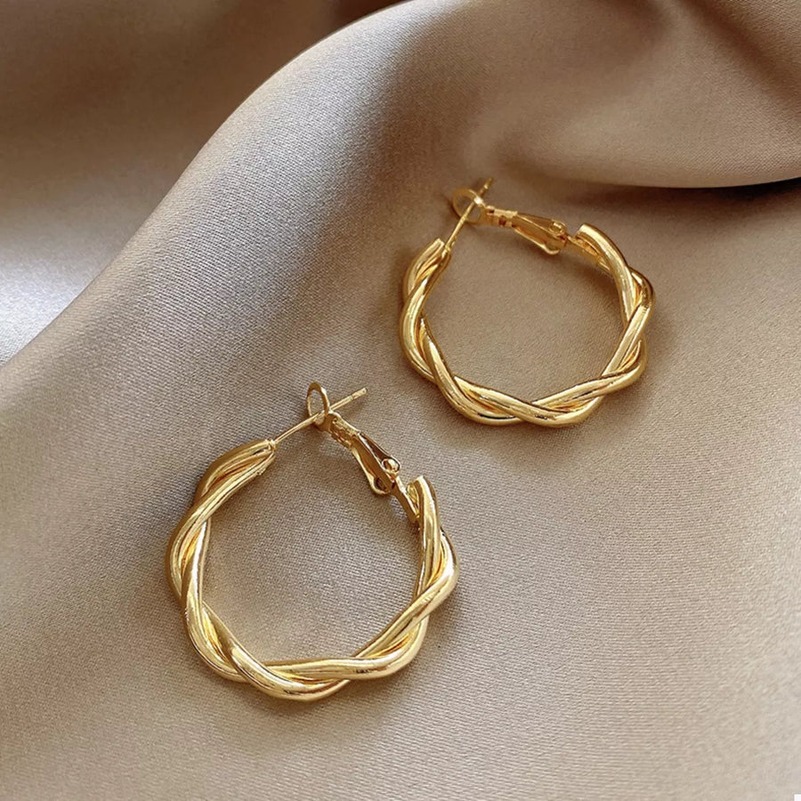 Elegant twisted gold hoop earrings, 18K gold-plated alloy, women's fashion accessory