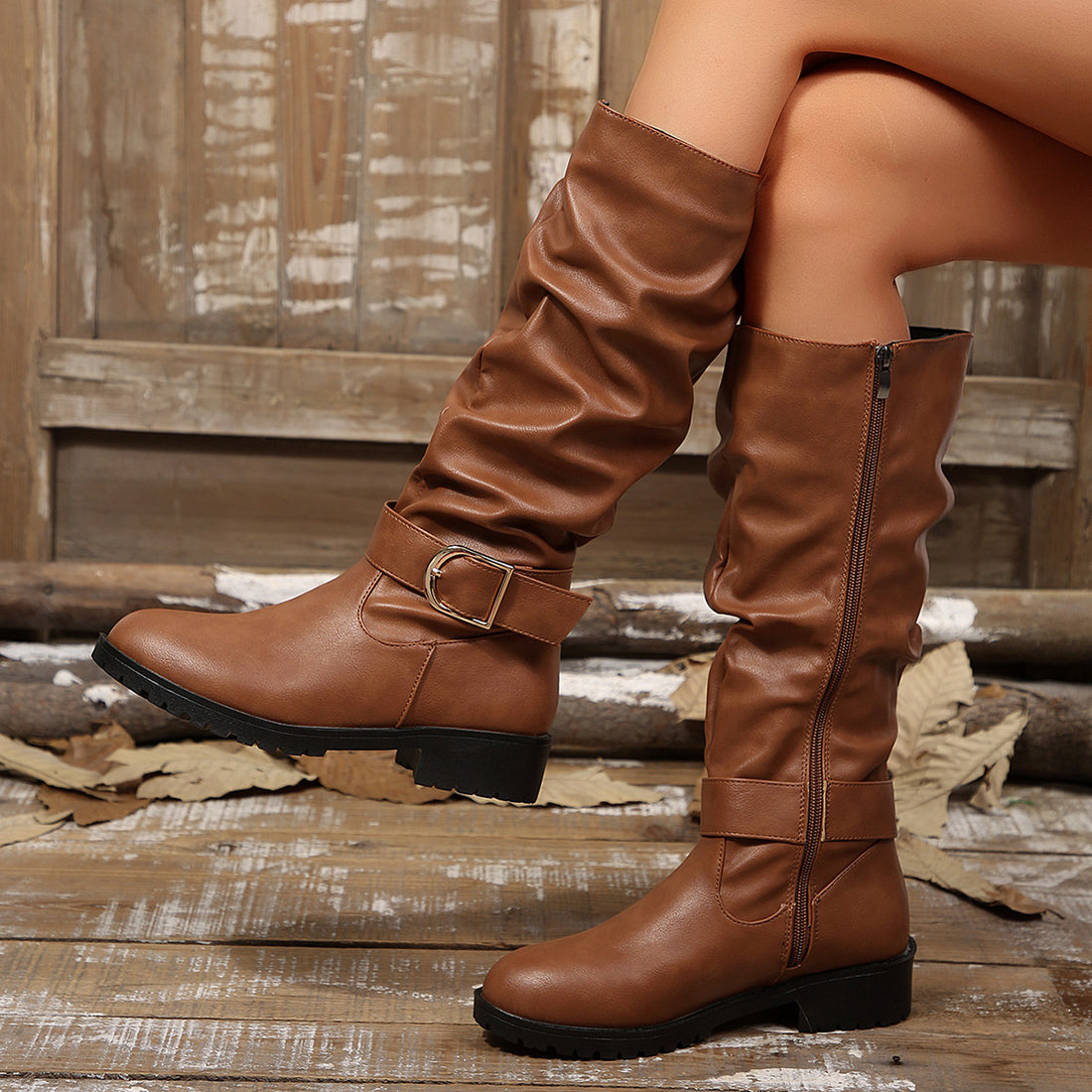 PU Leather,Rubber Imported Size &amp boots in camel with slouchy silhouette
