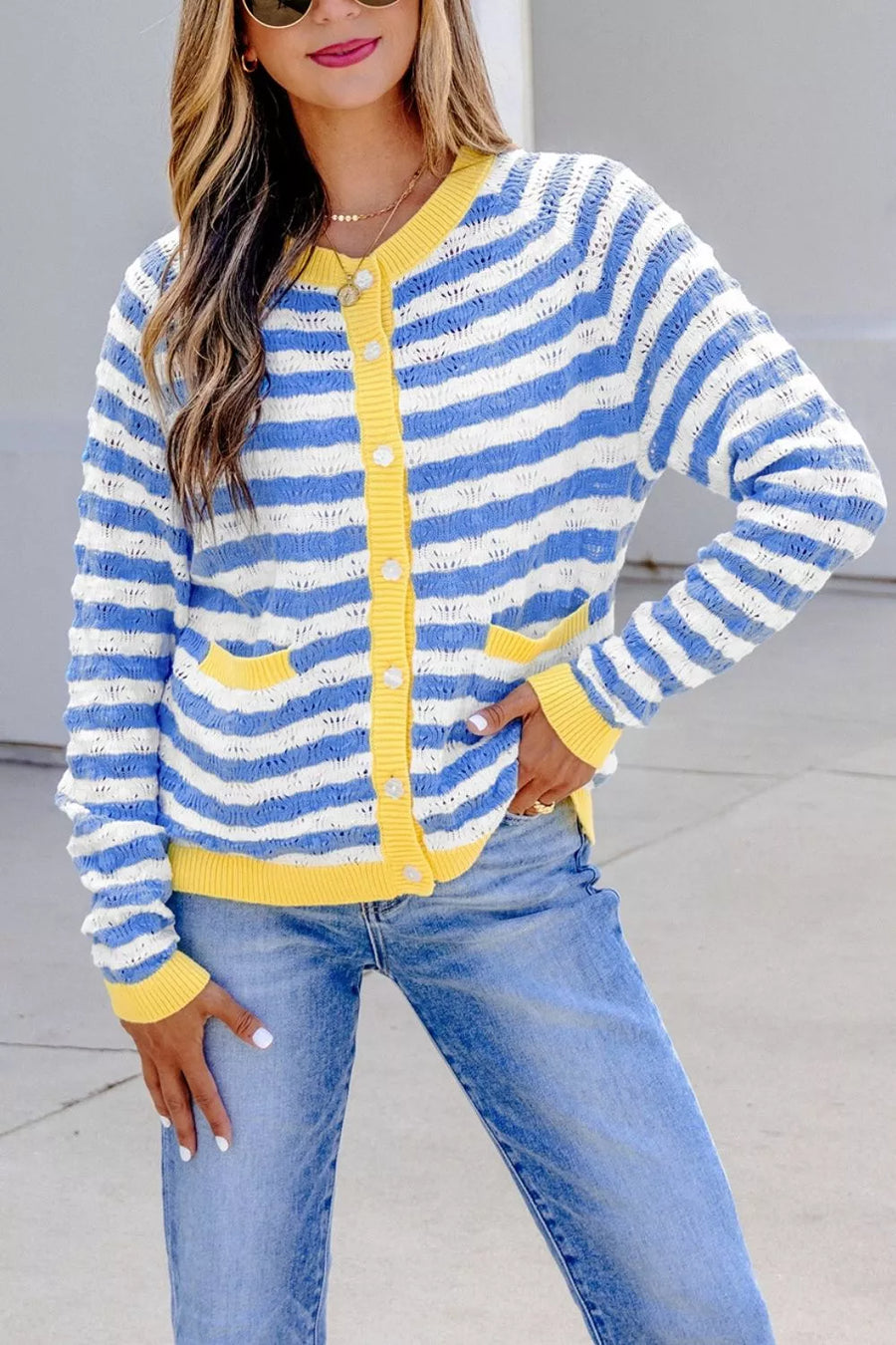 Button-down V-neck Knit Long-sleeve Top in Light Blue