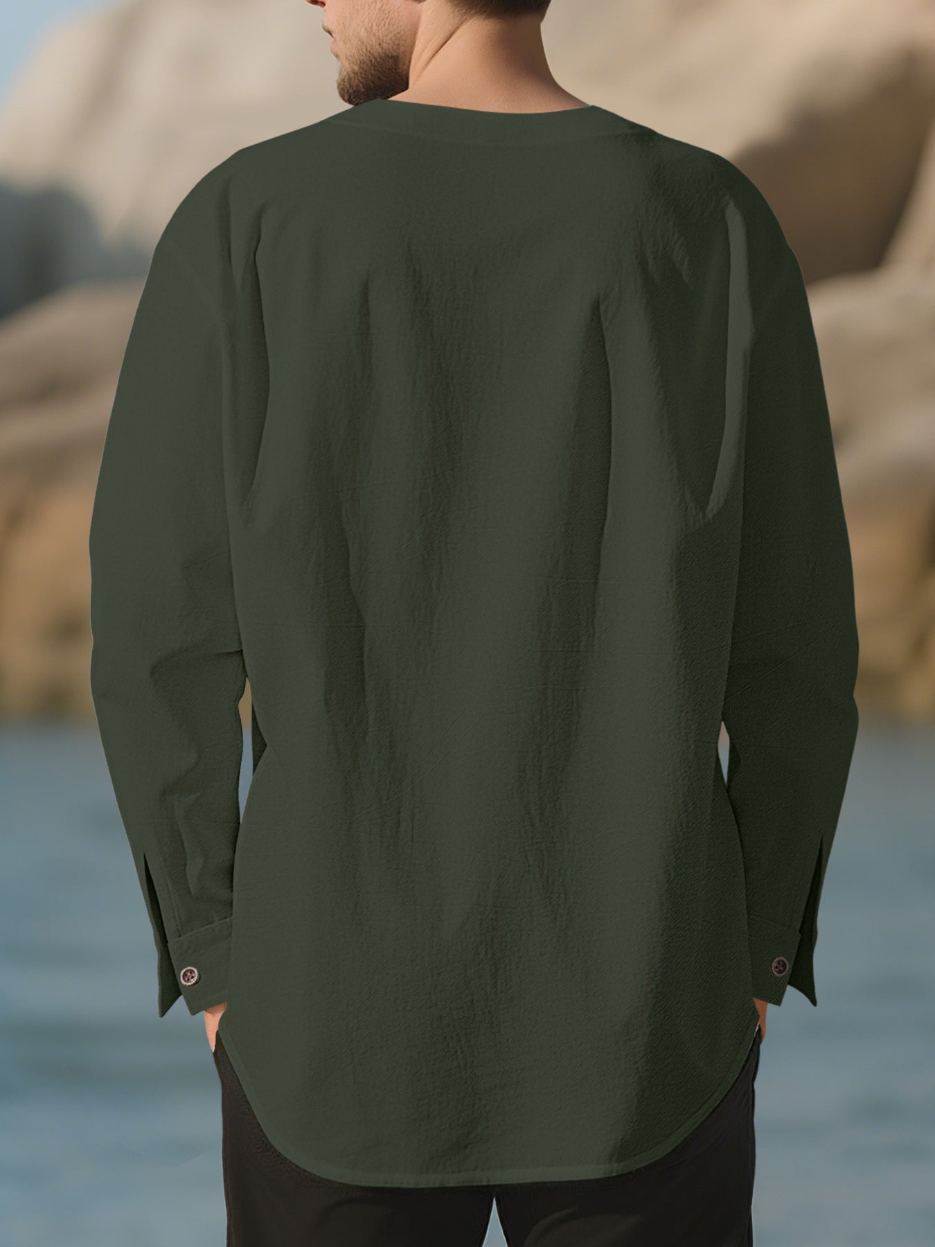 Black Men's Casual Pleated Long Sleeve Shirt Plus Size