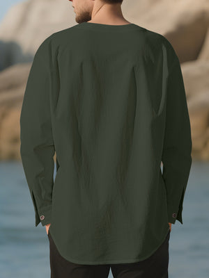 Black Men's Casual Pleated Long Sleeve Shirt Plus Size