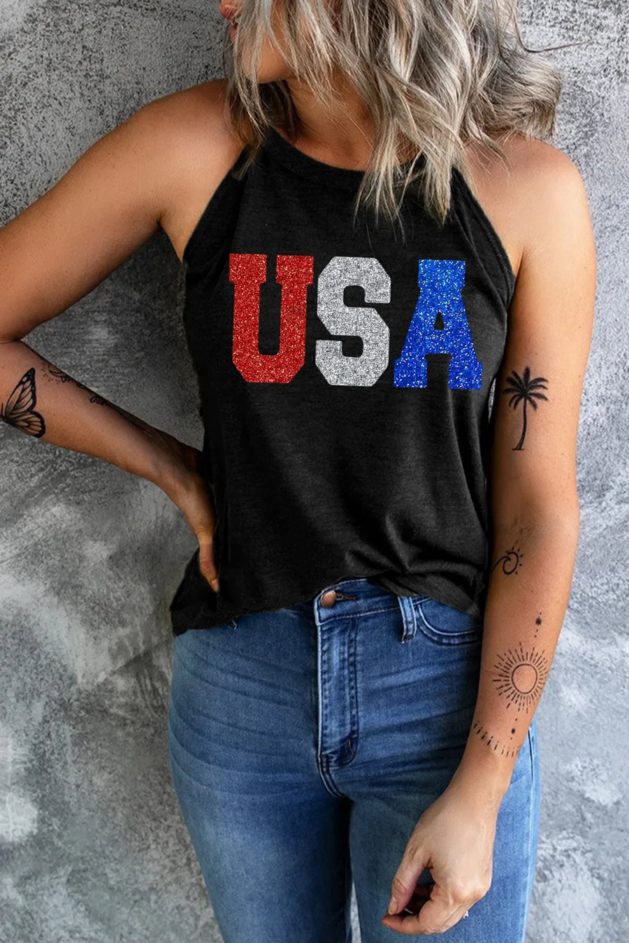 Black halter tank top with glitter USA graphic