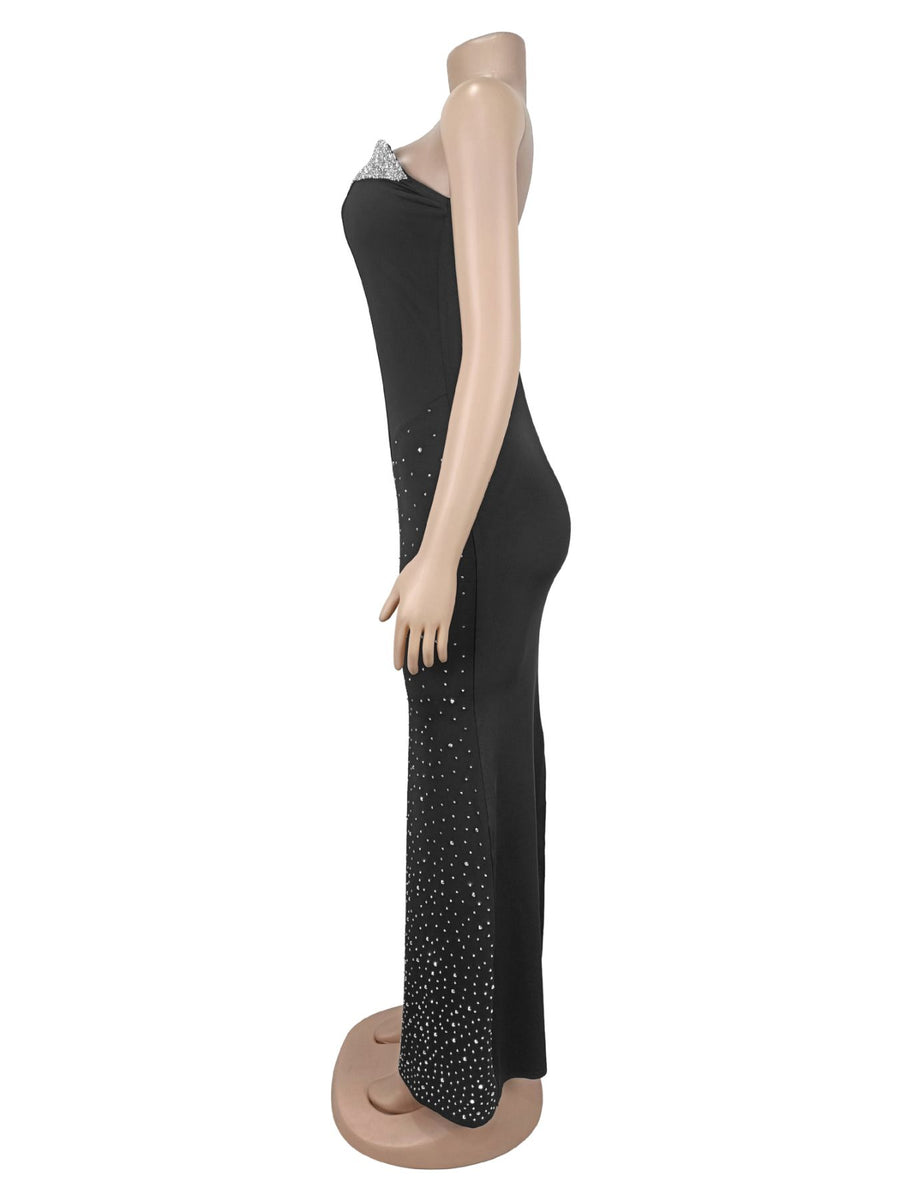 Rhinestone Slit Back Tube Maxi Dress in Black with rhinestone