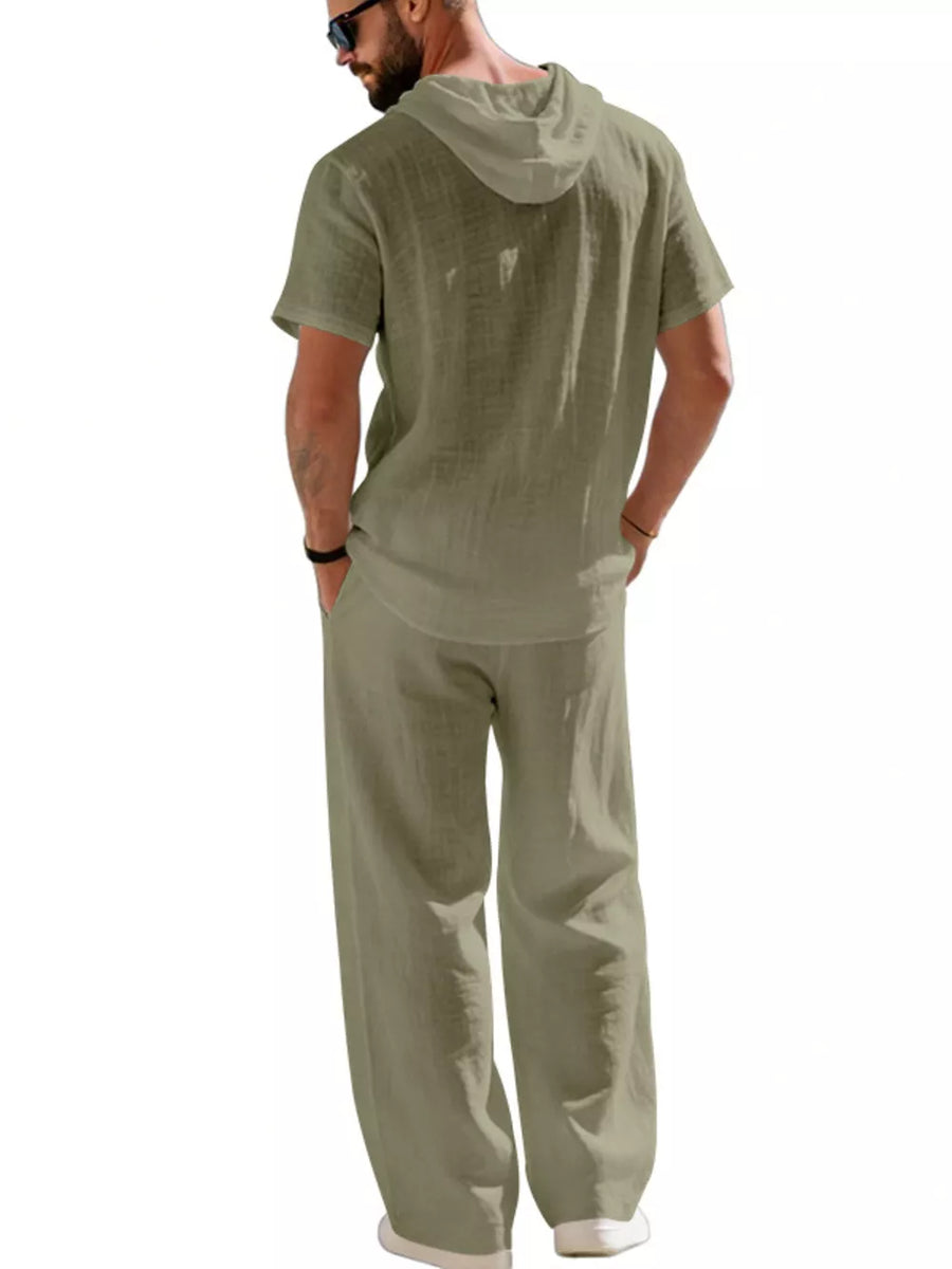 Black lounge set with hip-length, full-length and button-front, drawstring, elastic