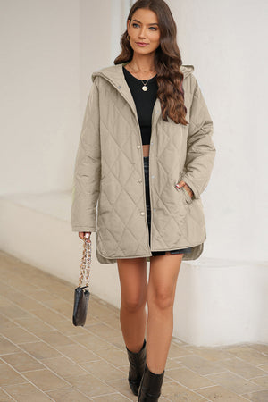 Beige diamond quilted hooded snap jacket with pockets and curved hem.