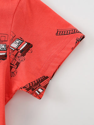 Toddler red cotton t-shirt with allover fire truck print.
