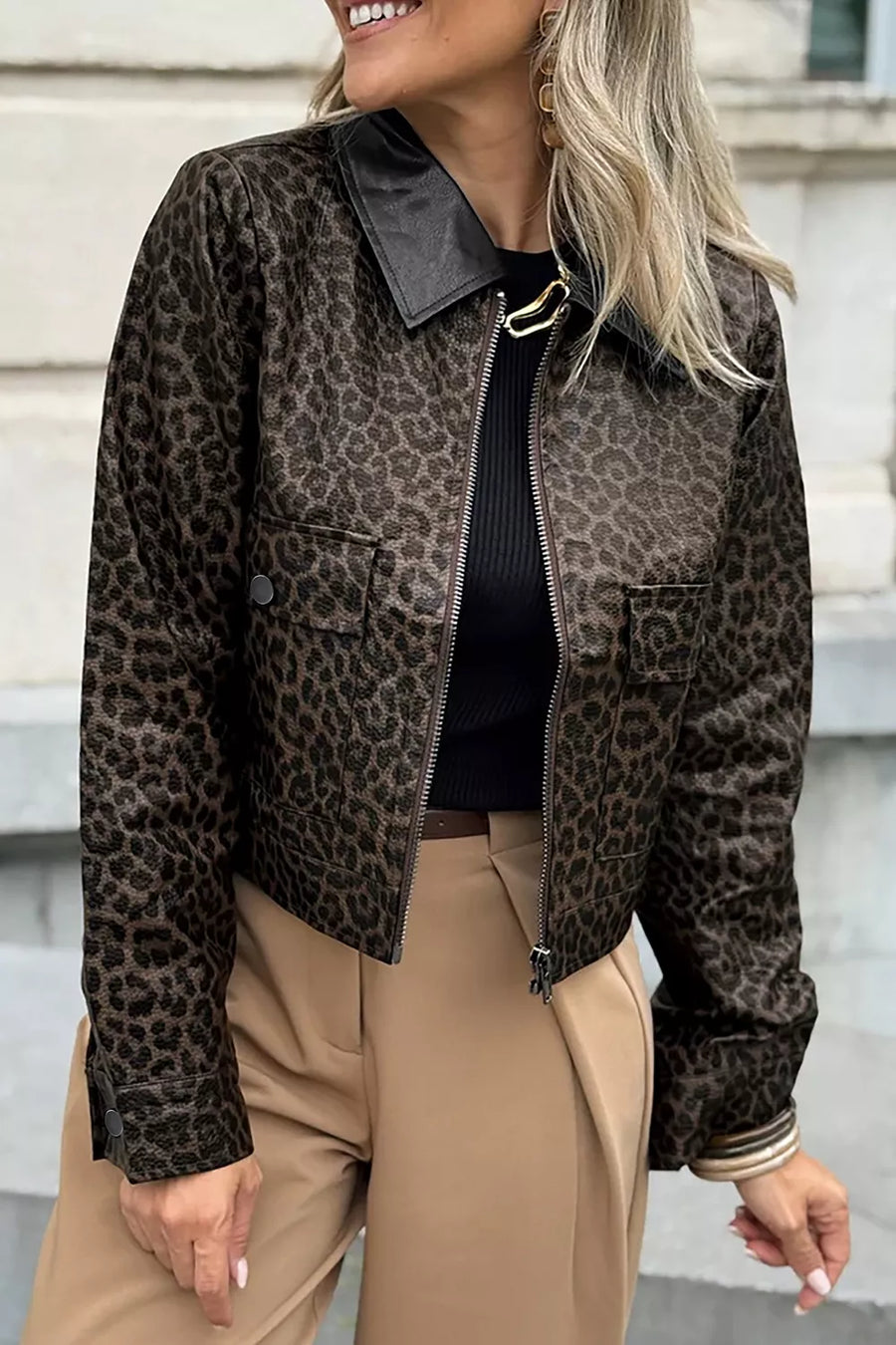 Leopard Print Cropped Faux Leather Jacket in Black