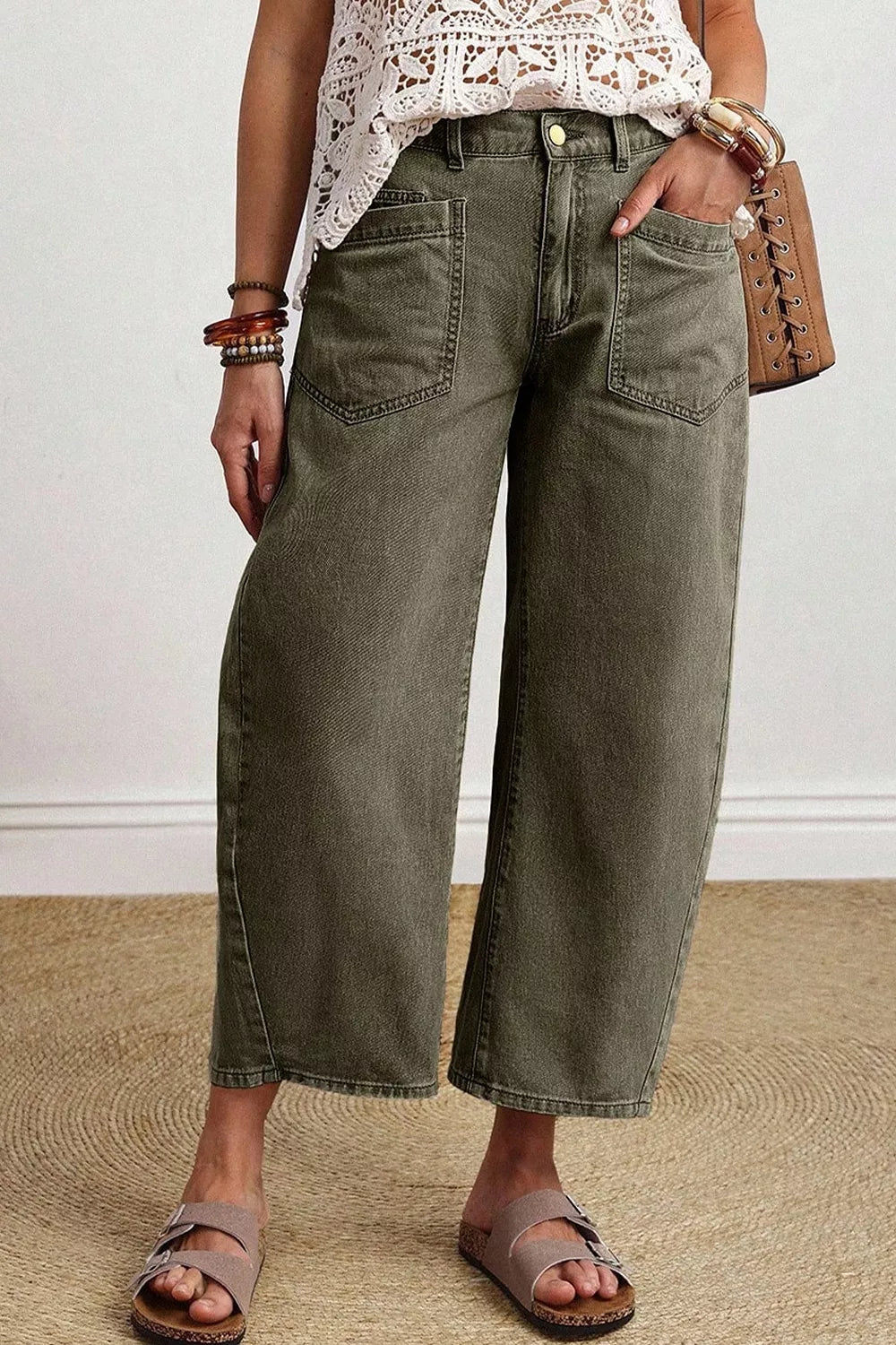 Army Green with Four Leaf Clover Solid Color Ankle Jeans in Army Green