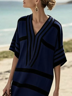 Blue and black striped half sleeve midi dress with a V-neck.