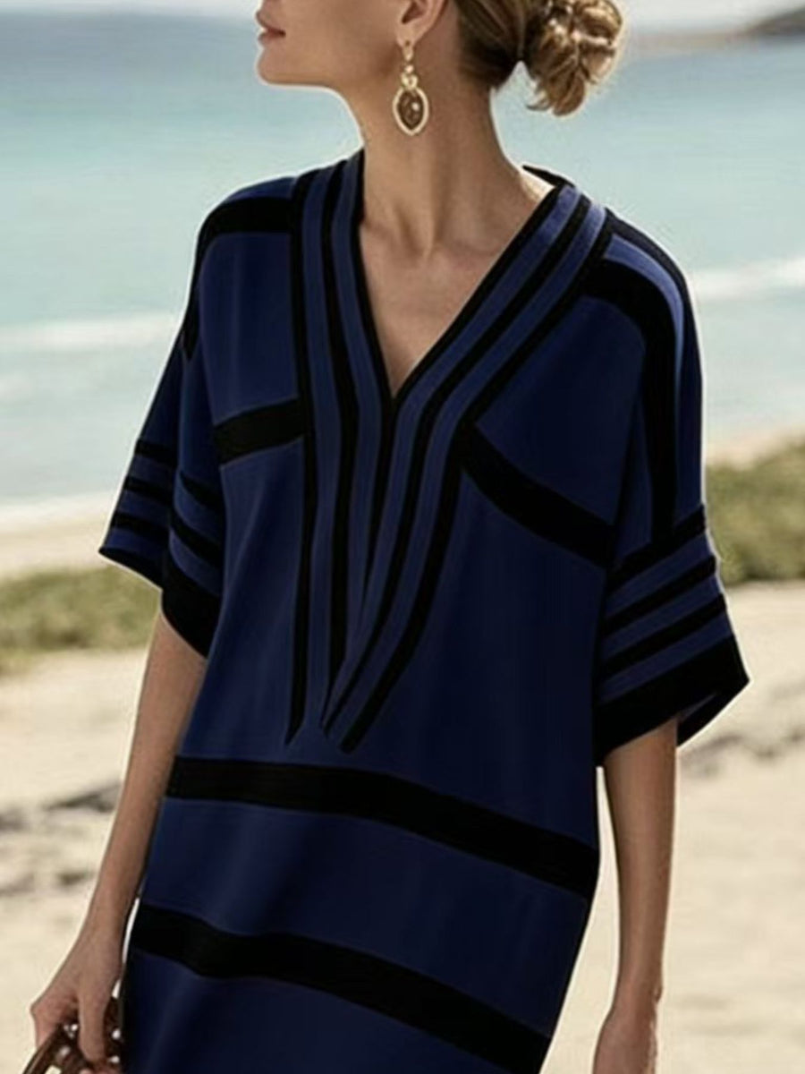 Blue and black striped half sleeve midi dress with a V-neck.