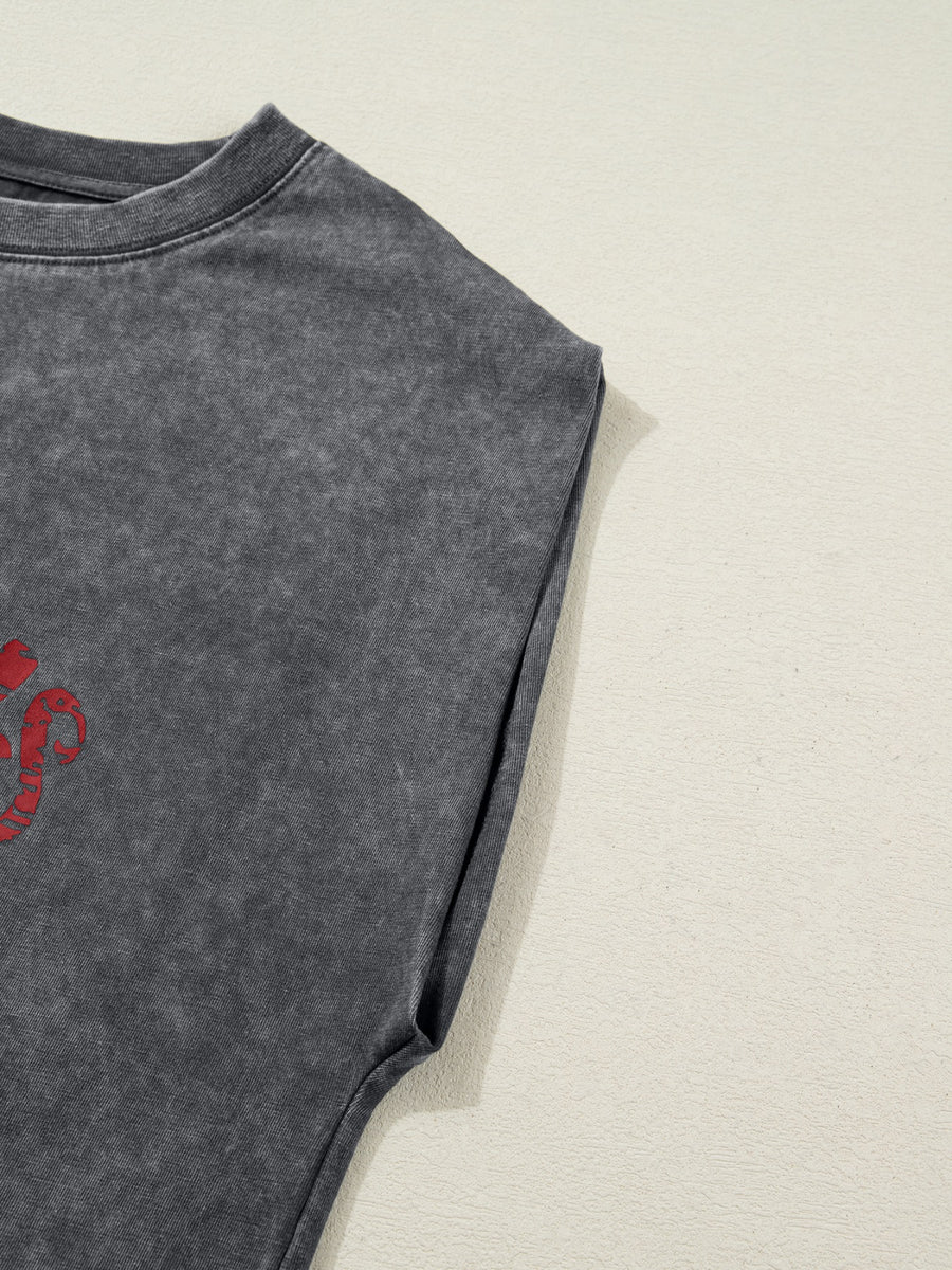 Dark gray acid-washed cotton tank top with red graphic detail