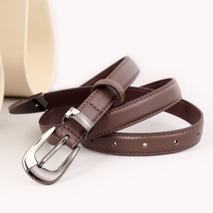 Brown cowhide leather belt with a sleek metal buckle and stitching detail.