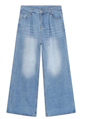 Light blue denim palazzo jeans with pleats and a wide leg.
