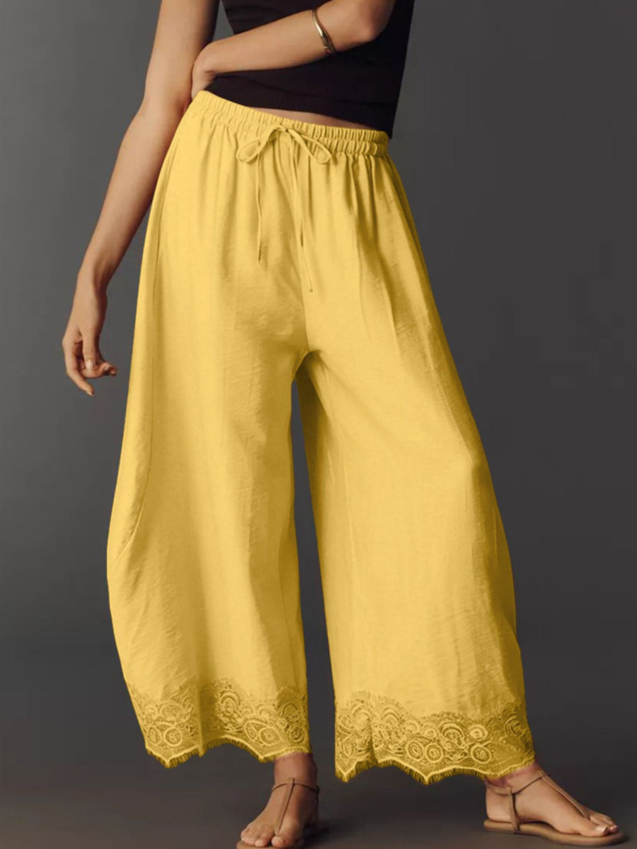 Elastic-Waist Pocketed Drawstring Wide Leg Pants in Light Blue with drawstring