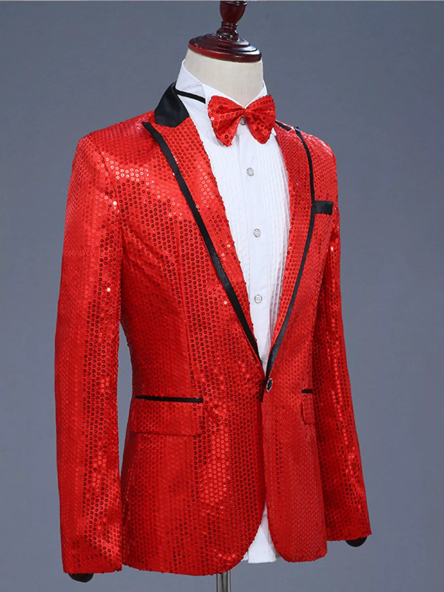 Red sequin one button tuxedo blazer with black lapels and trim, worn with a white shirt and red bow tie.
