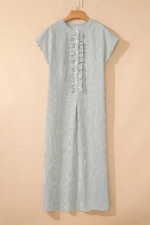 Black and white striped maxi swim dress with ruffle button-down front and cap sleeves.