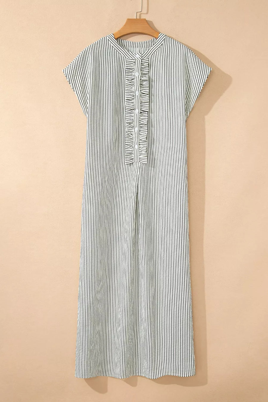 Black and white striped maxi swim dress with ruffle button-down front and cap sleeves.