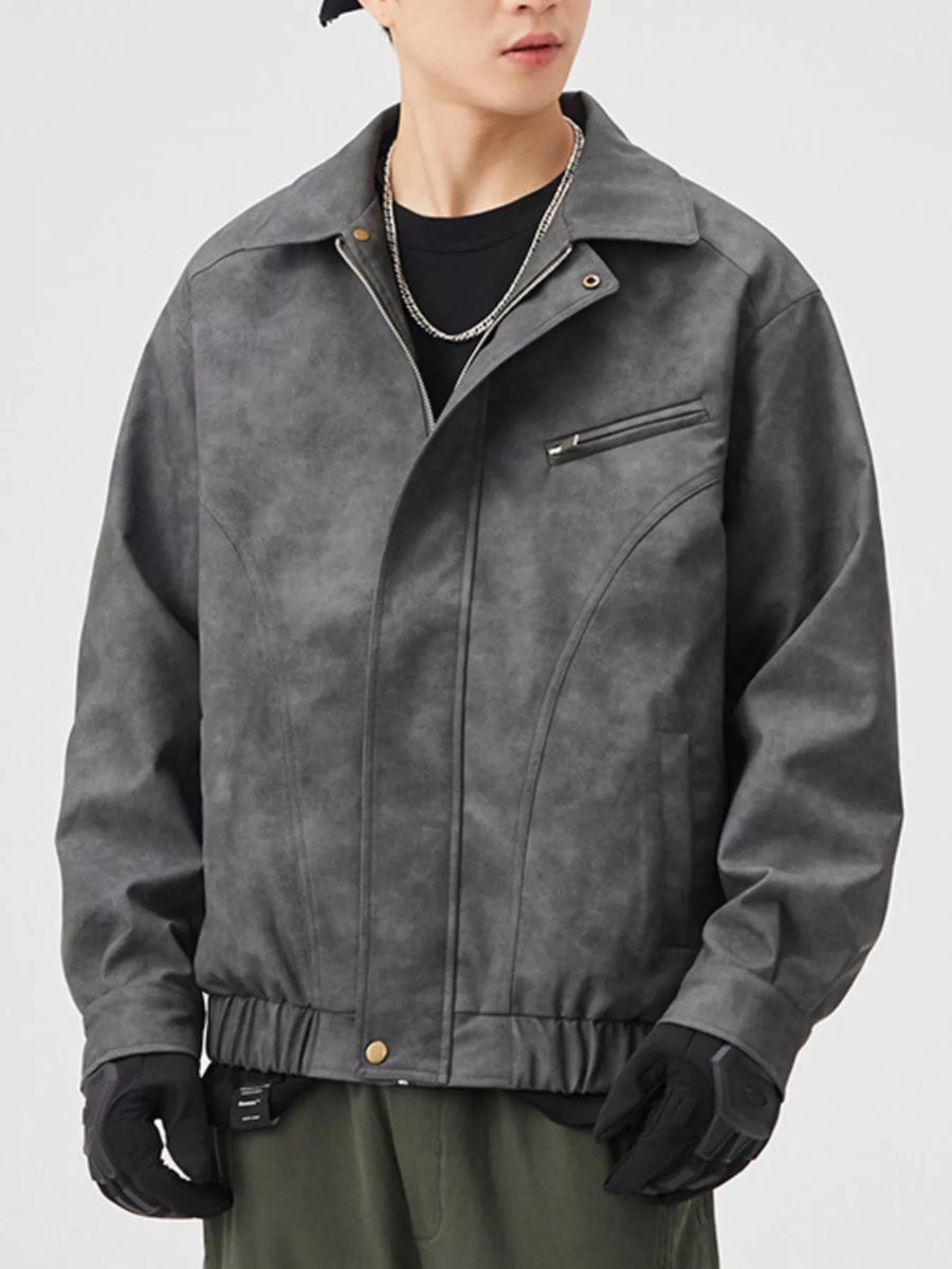 Men's dark gray faux leather zip-up jacket with a chest pocket detail.