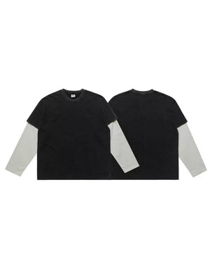 Men's black fake two-piece long sleeve t-shirt with light grey sleeves.