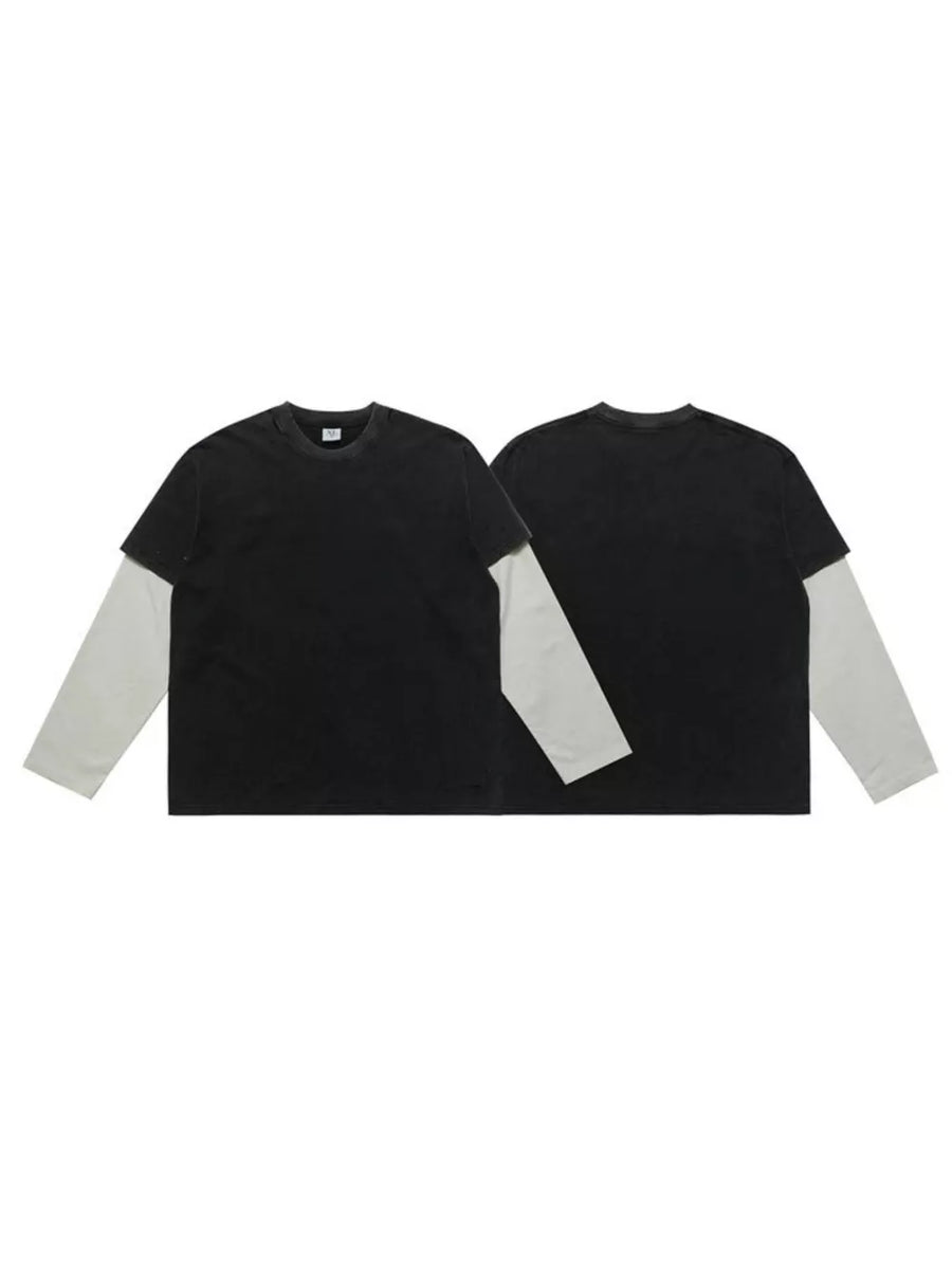 Men's black fake two-piece long sleeve t-shirt with light grey sleeves.