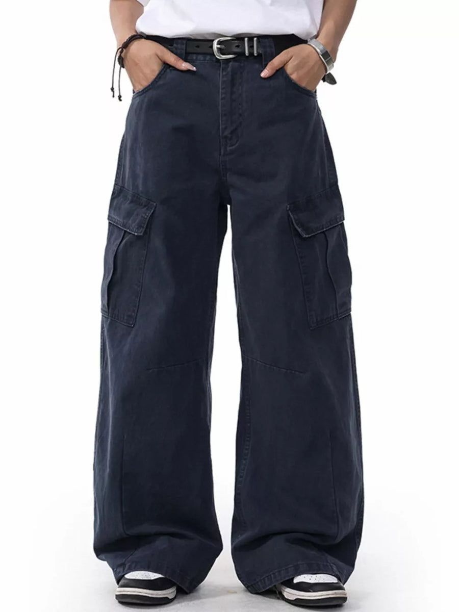 Men's dark navy cargo sweatpants with multiple pockets and a relaxed fit.