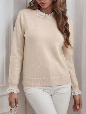 Apricot with Elegant Lace Trim Round Neck Sweater in Apricot