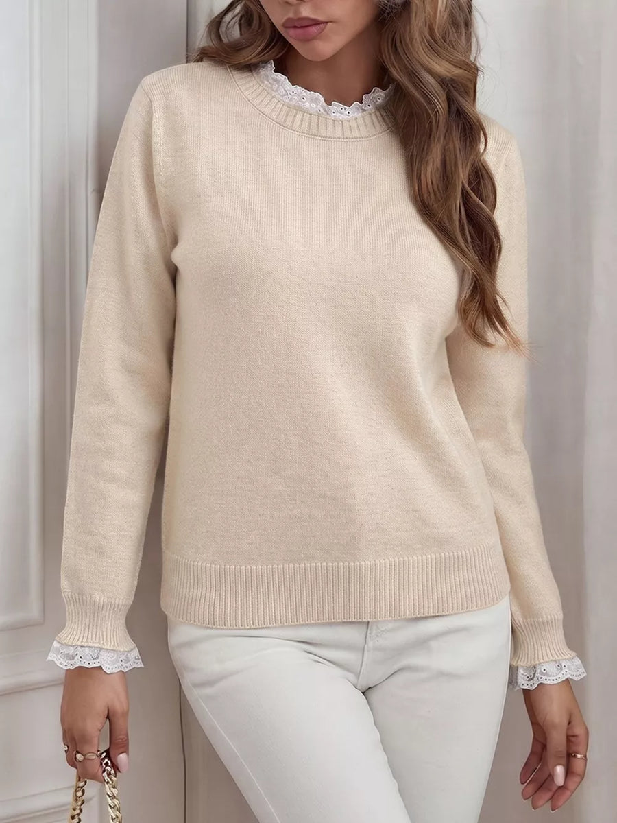 Apricot with Elegant Lace Trim Round Neck Sweater in Apricot
