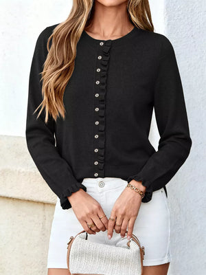 Black cardigan with frill and long sleeve