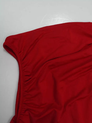 Deep red polyester maxi dress with ruched side detail and gathered neckline.
