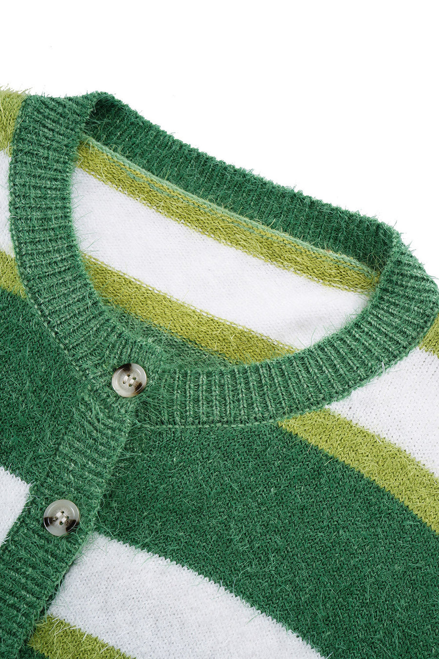 Green striped cropped button-up knit cardigan with fuzzy texture and button details.