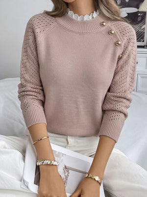 Pink mock neck sweater featuring lace detail and openwork