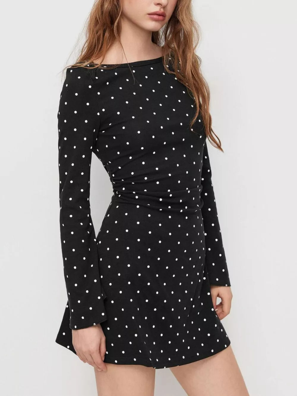 95% viscose, 5% elastane Care instructions: Machine wash cold mini dress in Navy with flared silhouette