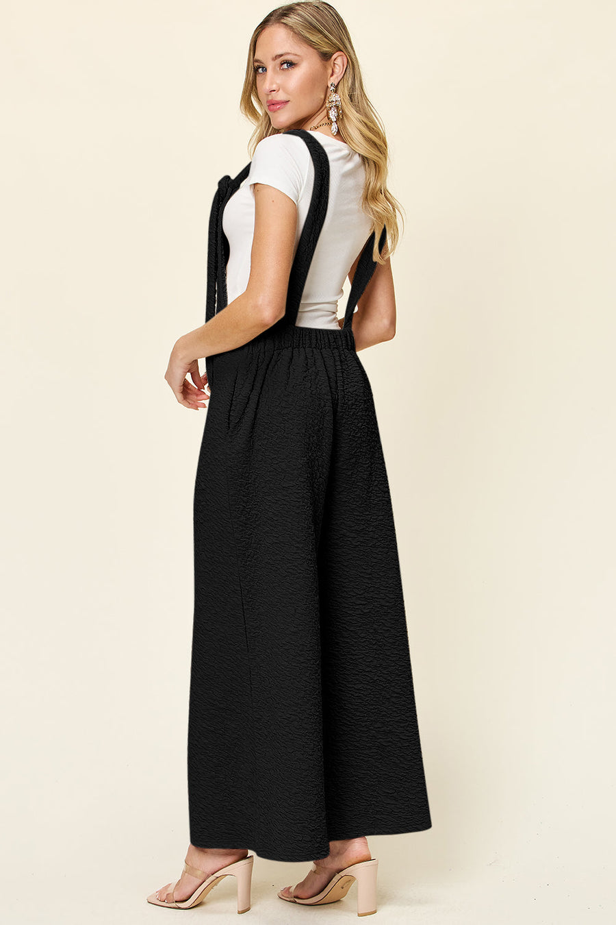 Black textured tie-strap wide-leg maternity jumpsuit with elastic waist