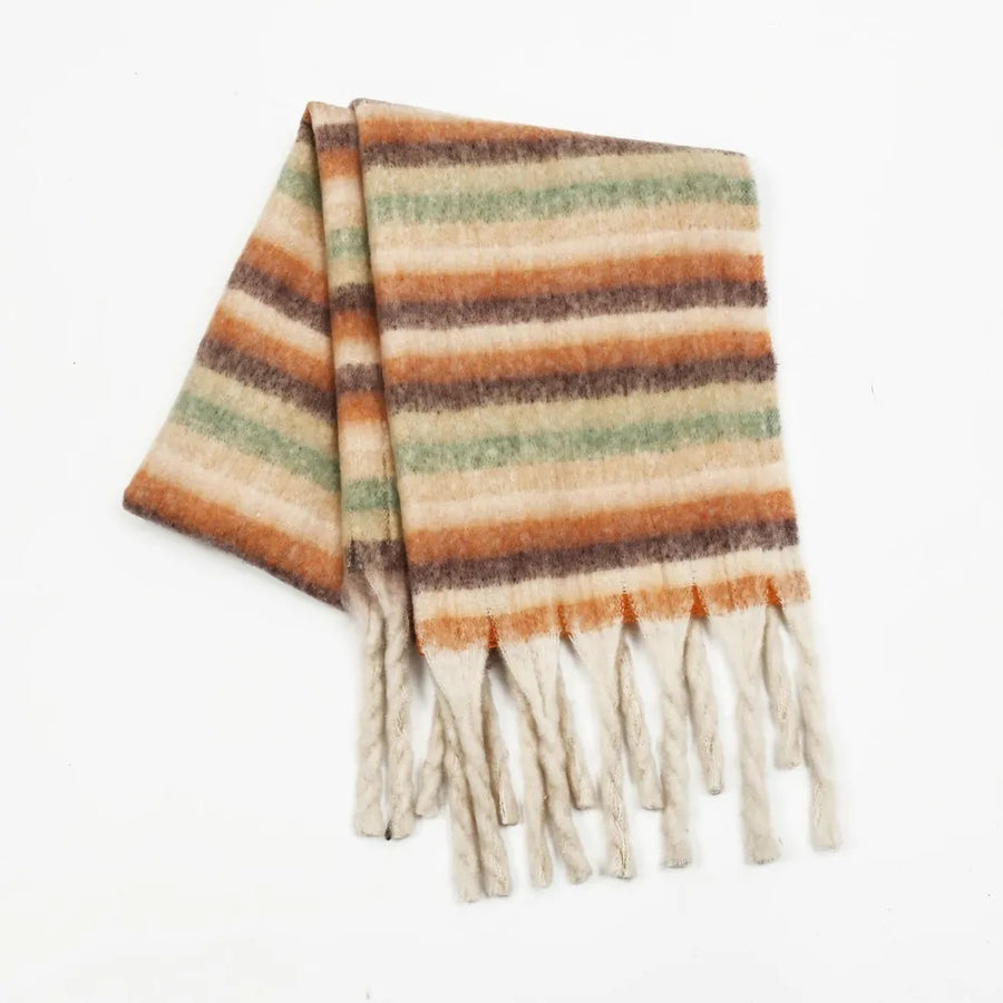 Textured stripe fringe scarf in cream with brown and green stripes and tasseled ends.