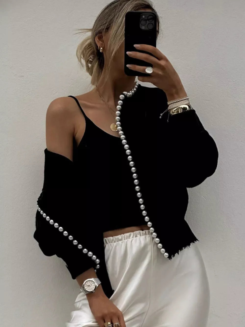 Pearl Trimmed Open Front Cardigan in Black