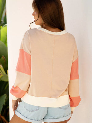 Color Block Textured Patchwork Pullover Sweatshirt in Watermelon pink