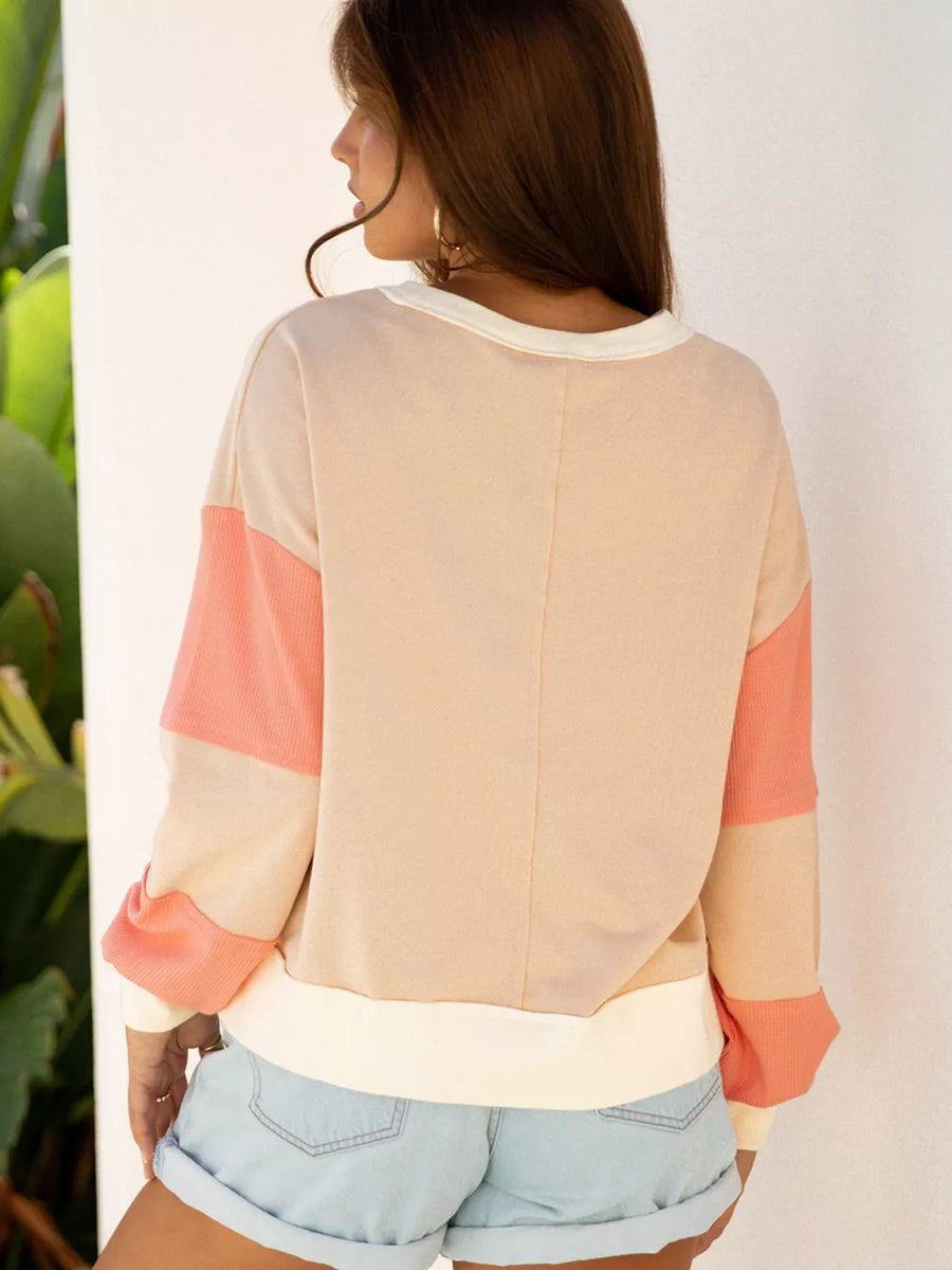 Color Block Textured Patchwork Pullover Sweatshirt in Watermelon pink