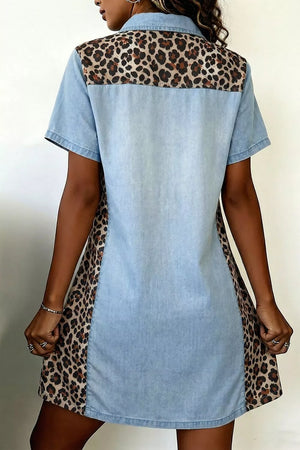 Denim dress with short sleeves, collared neckline, and leopard print panels on the shoulders and sides.