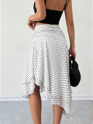White with Polka Dot Asymmetrical Hem Midi Skirt in White