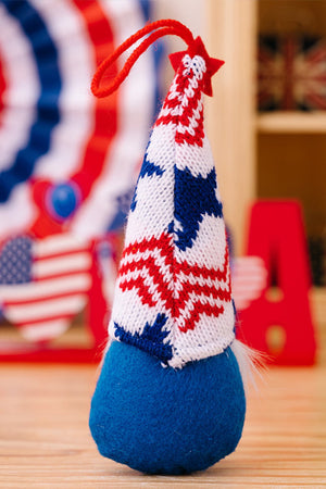 Patriotic knit gnome ornament with blue body and red, white, blue star pattern hat