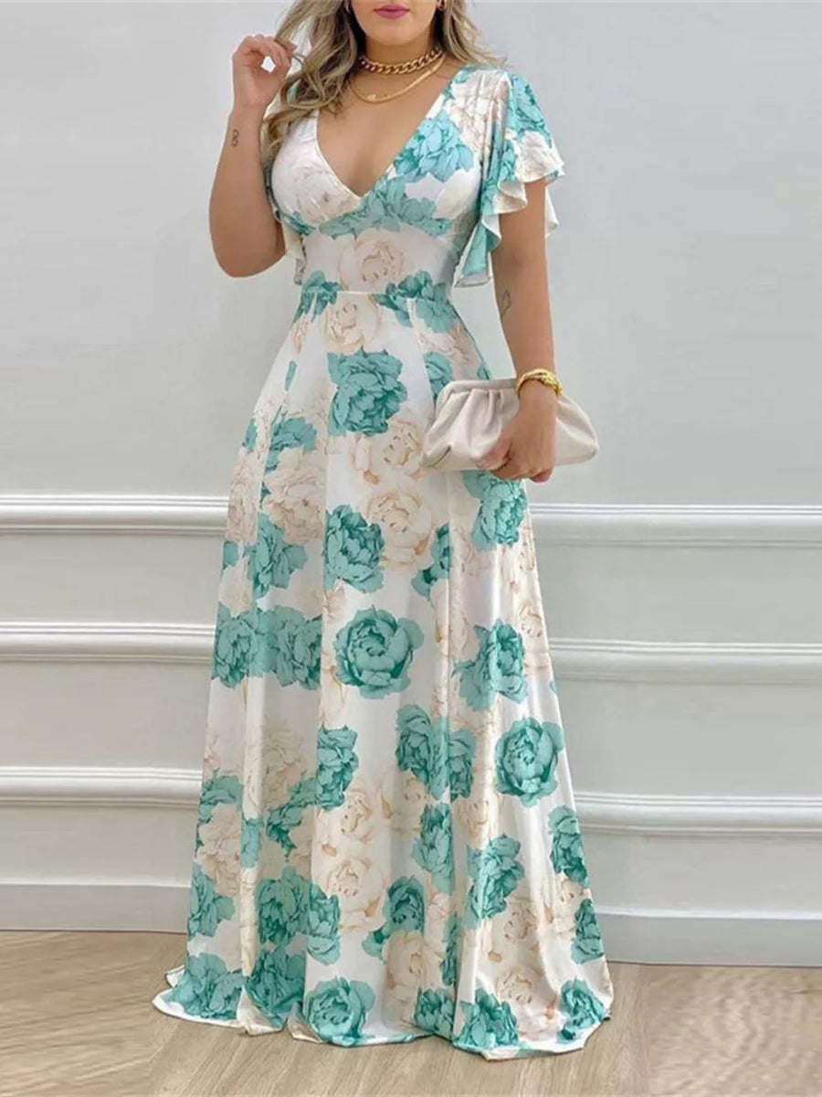 Floral V-neck maxi dress with ruffle sleeves in white with teal and cream roses.