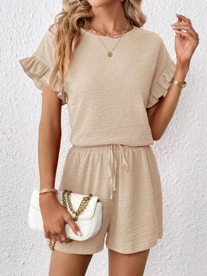 Frill sleeve tee and drawstring shorts set in beige textured fabric.