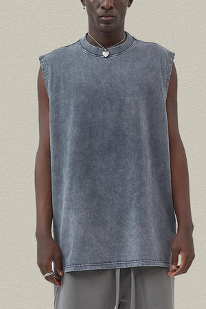Acid wash muscle tank top in gray with a crew neck and sleeveless cut.