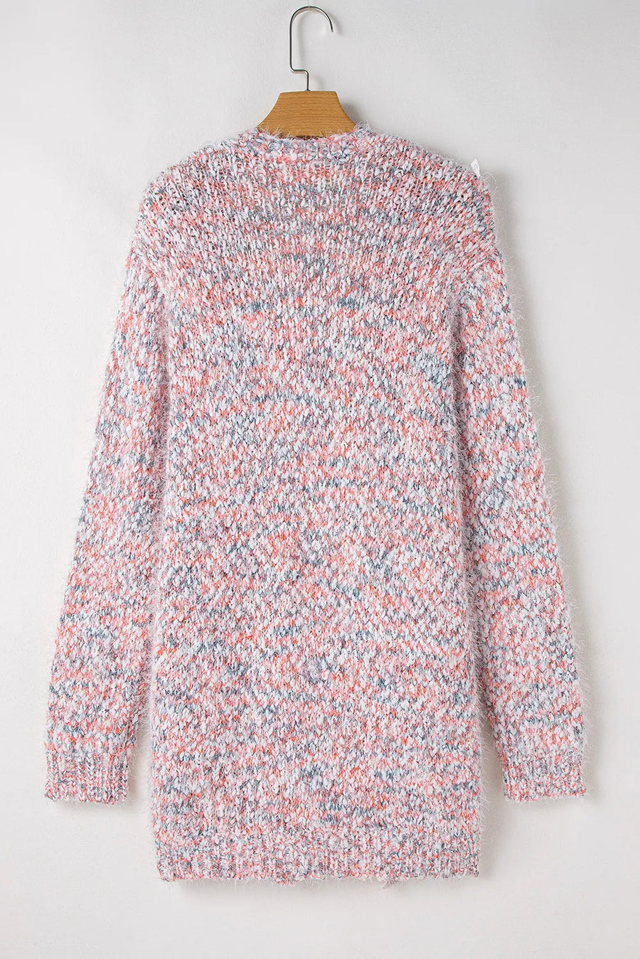 Multicolor bouclé knit cardigan with fuzzy texture and long sleeves.