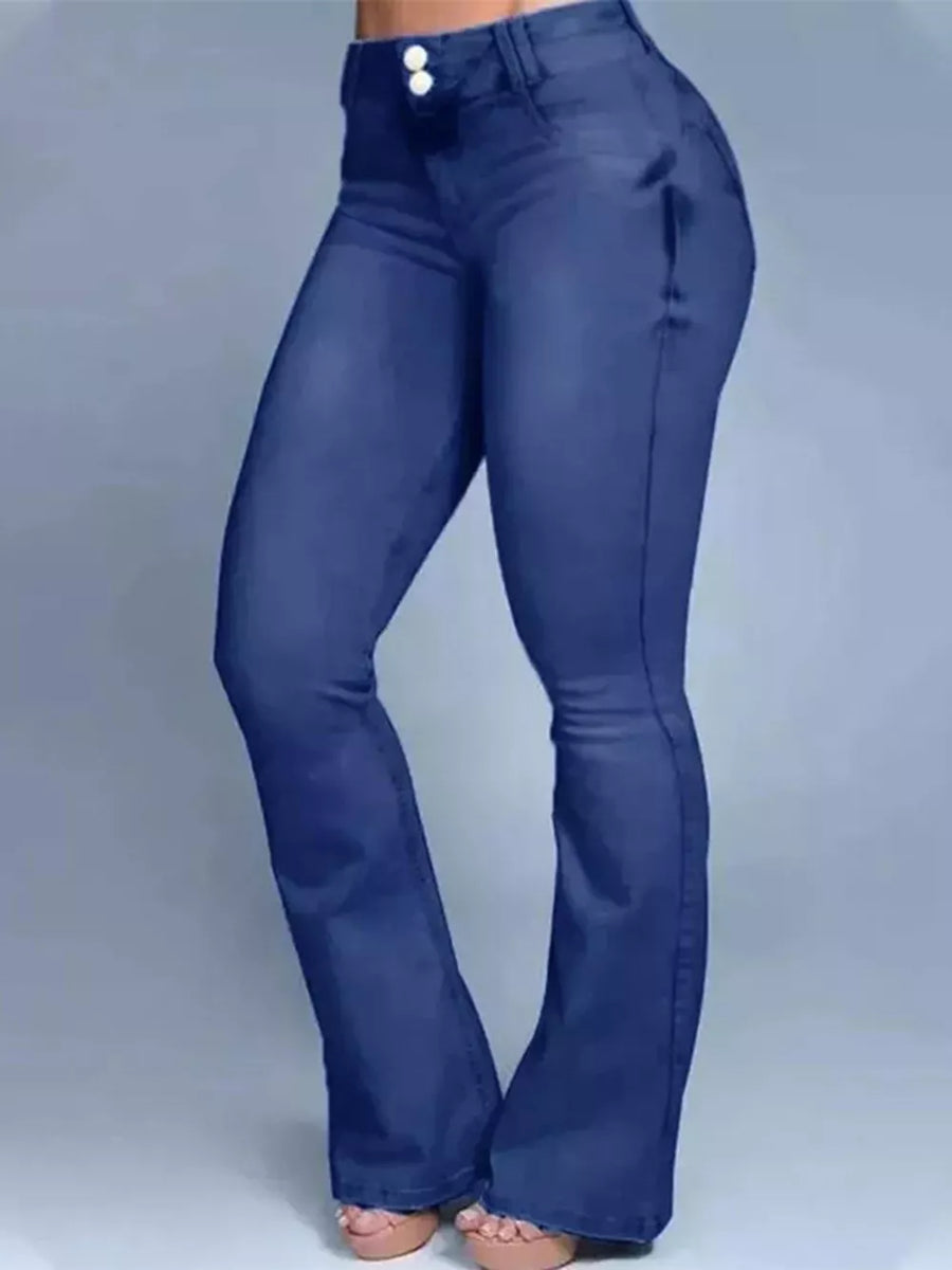 Navy blue high-waisted flare jeans with button closure and flared leg